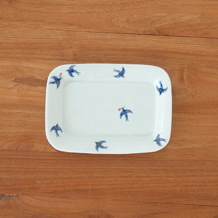 日下華子　色絵　つばめ　長方角丸プレート