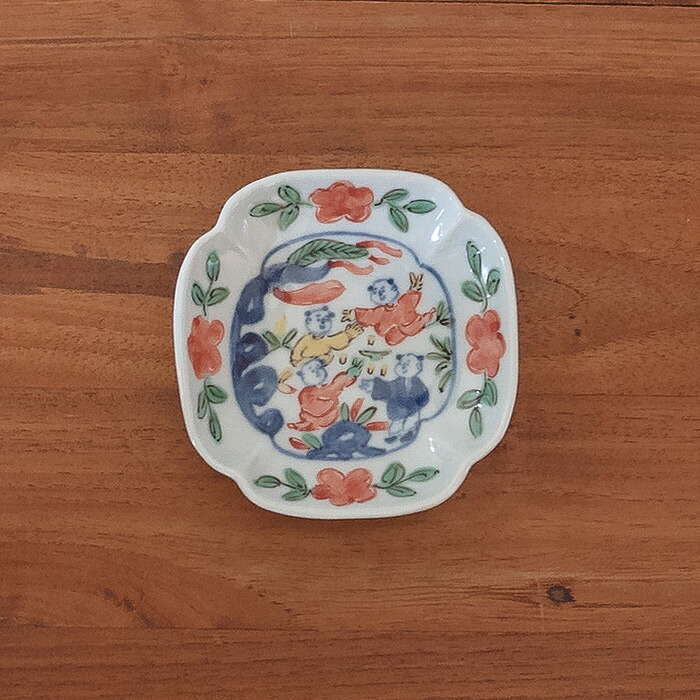 堀畑蘭　隅入豆皿　色絵 じゃんけん唐子